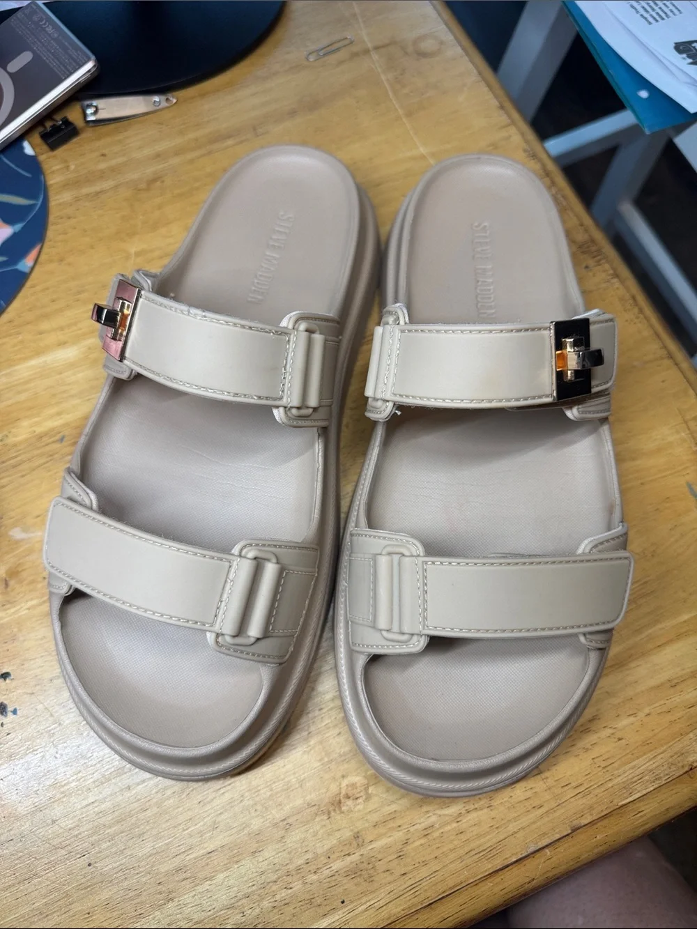 Steve Madden Beige Platform Slide Sandals with Buckle